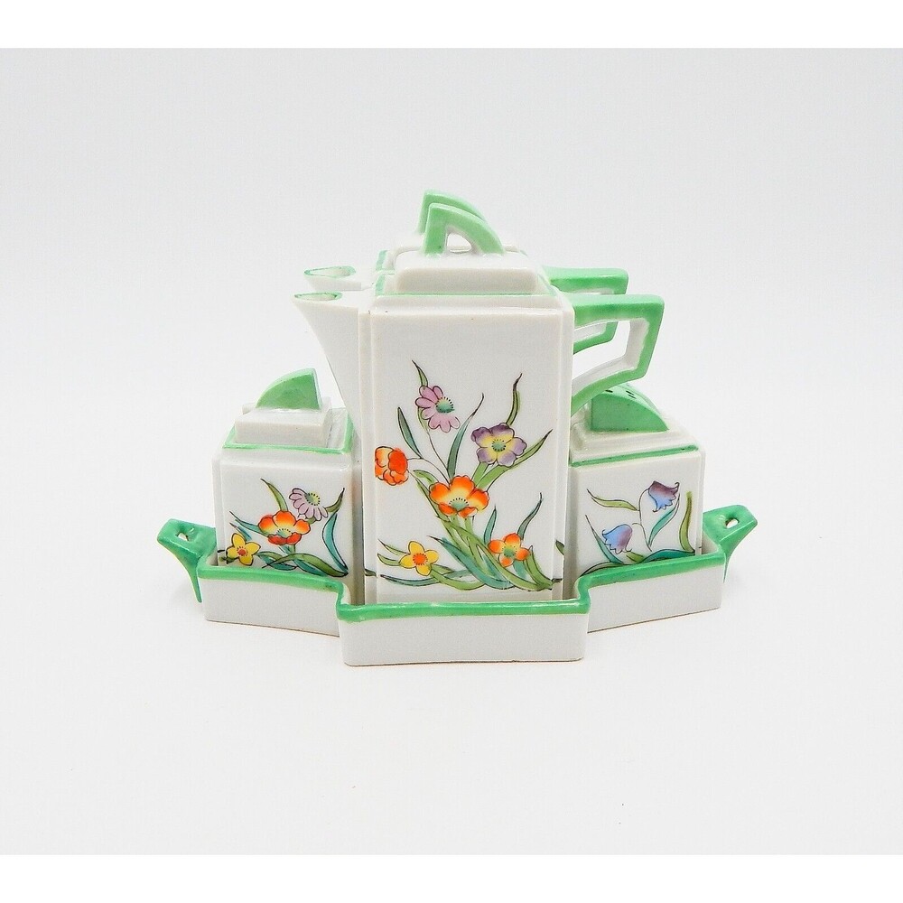 Tashiro Shoten Ltd Floral Cruet Set Tray Porcelain White Green Oil Vinegar Salt
